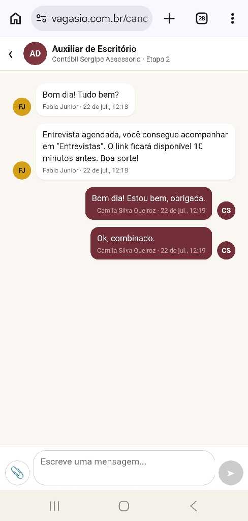 Chat integrado entre candidato e RH