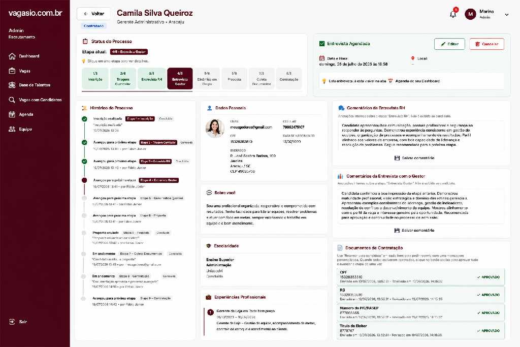 Painel de acompanhamento de um processo seletivo no VagasIO